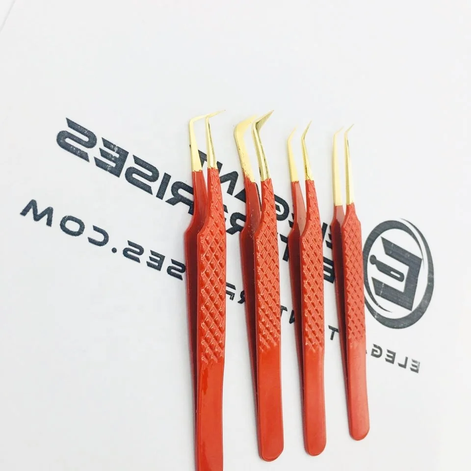 Пинцет для наращивания ресниц с красным порошковым покрытием и золотыми наконечниками с алмазным захватом/нержавеющая сталь с пользовательским логотипом