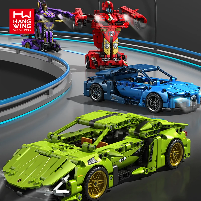 HW Toys Diy Bricks Pull Back Direct Force Straight Change Cars Transformation Robot Sports Car Building Blocks Sets For Kids