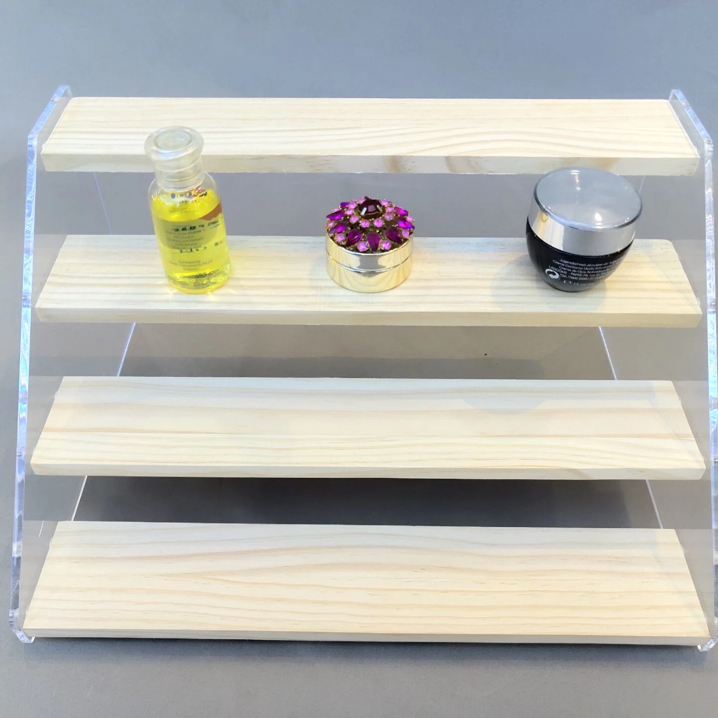 
Wholesale Custom 4-Step Clear Display Riser Wood Shelf for Displaying Pop Figures 