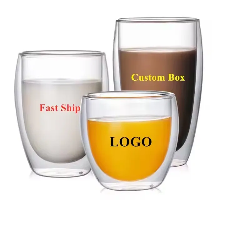 Double walled glass coffee cup with insulation layer, transparent high borosilicate glass double walled cup