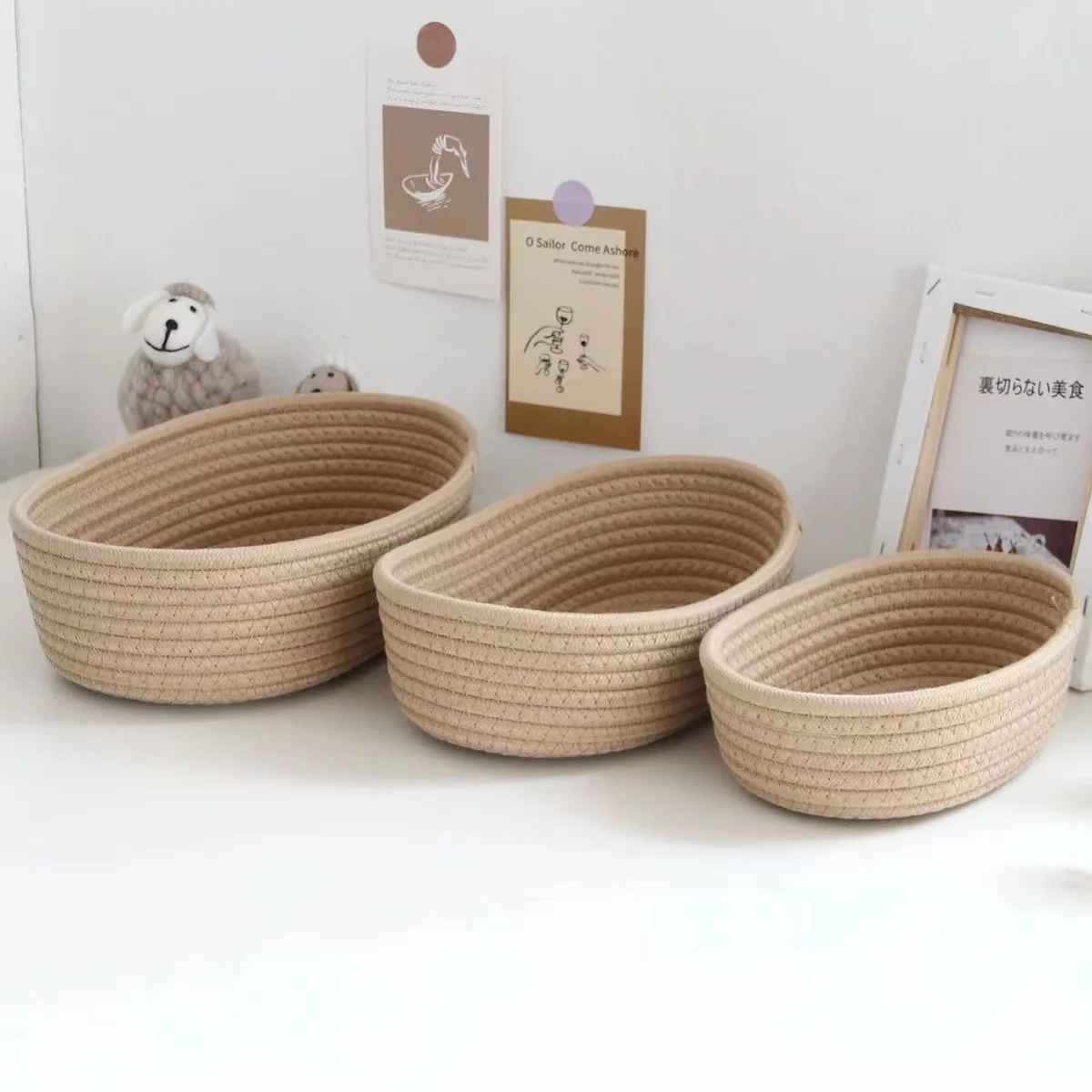 New Arrival 3pc Cotton Laundry Storage basket Boat shaped woven basket Shelf Decorative Bin Toy Organizer
