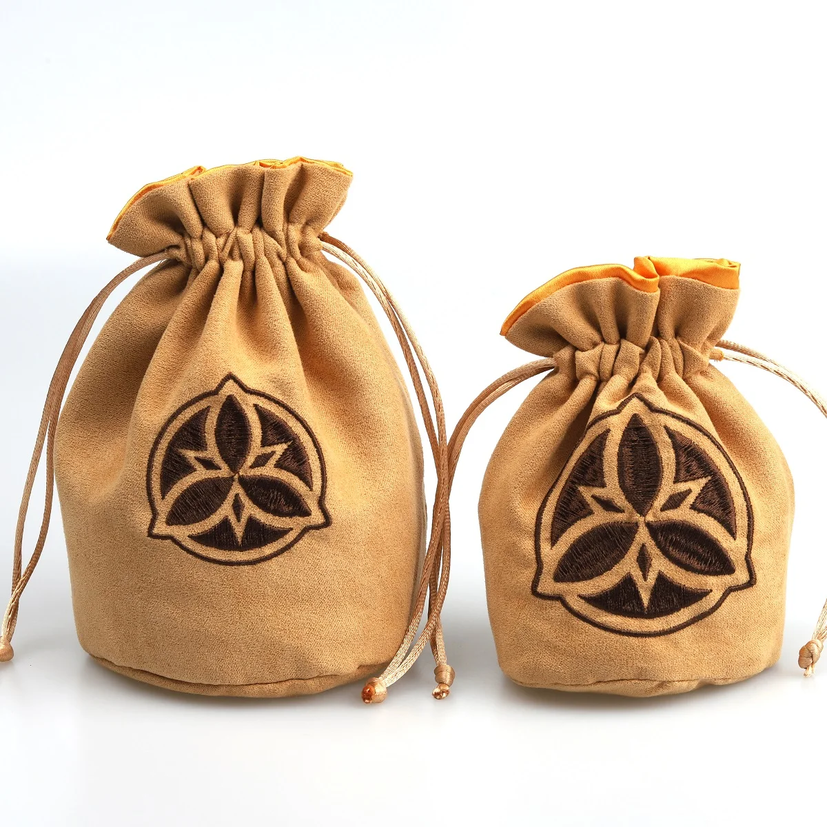 Round Bottom Suede Jewelry Gift Packaging Bag With Satin ling Brown Embroidery Logo Suede Velvet Cosmetic Drawstring Pouch