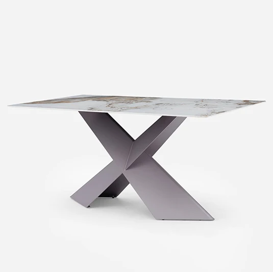 Modern X shape stainless steel base marble top new design dining table thin rock top six seat dinner room dining tables set
