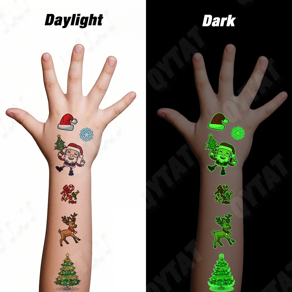 Children Kids Body Art Sticker Christmas Cartoon Luminous Face Hand Arm Temporary Fake Custom glow in the dark tattoo