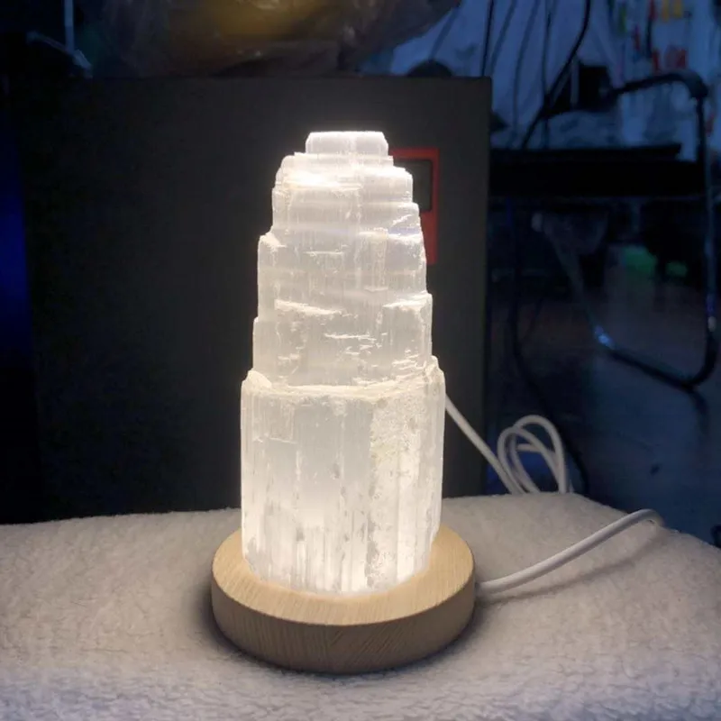 Selenite Lamps Selenite Wholesale High Quality Crystals Healing Selenite Tower Lamp with usb led light wood base For Home Decor