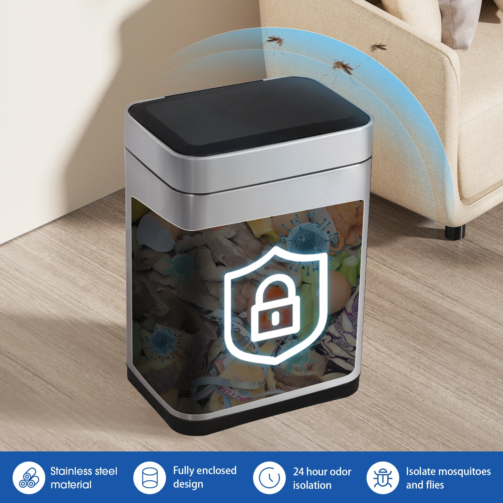 16 Gallon Rectangular Vibration Sensor Waste Bin,Stainless Steel Smart Garbage Can With Soft Lid