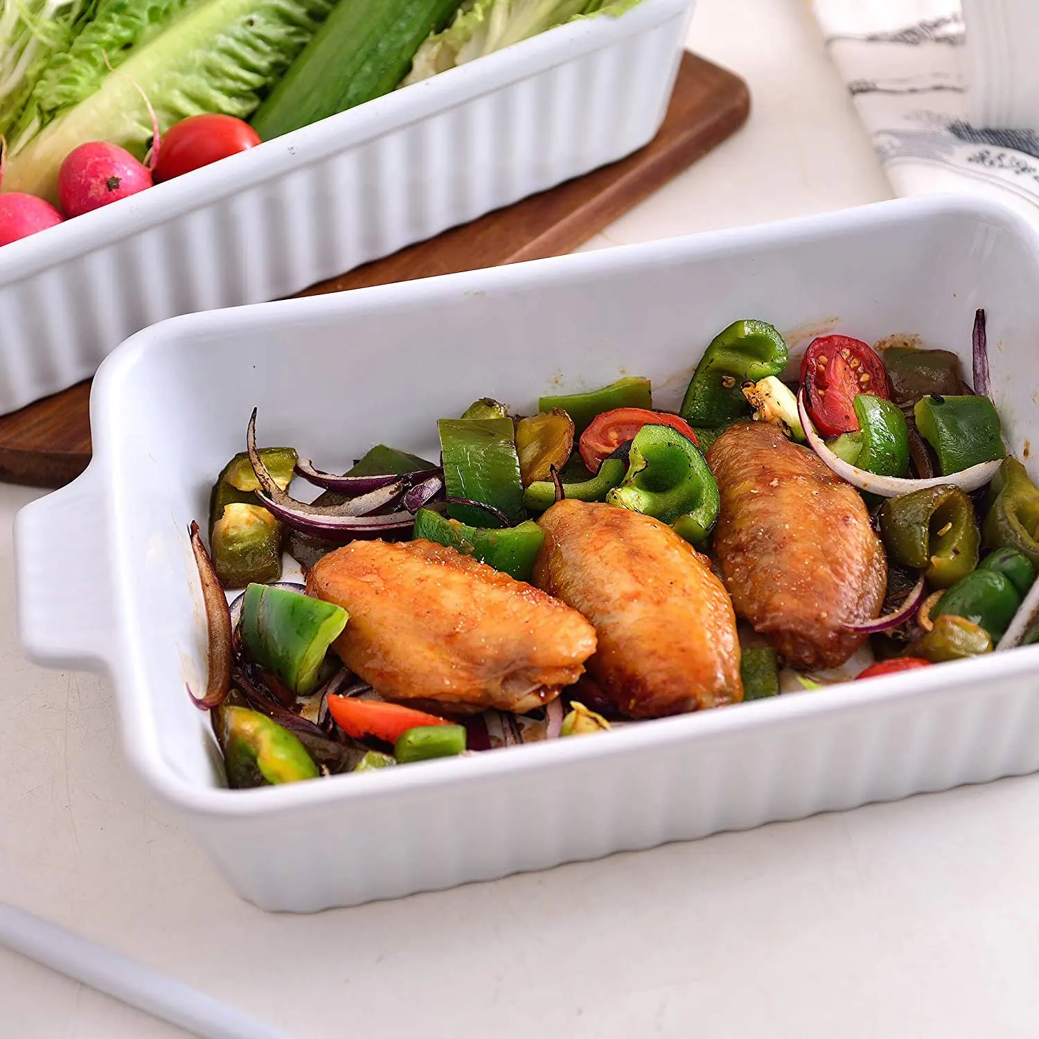 Wavy Edge Ivory White Ceramic Bakeware Porcelain Rectangular Baking Dish for Creme Brulee