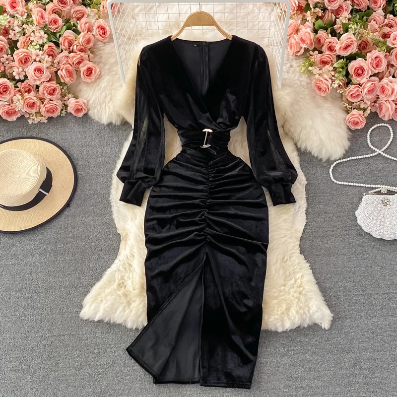 Fashion Long Bodycon Party Elegant Design Vestidos Velvet Evening Dress for Women