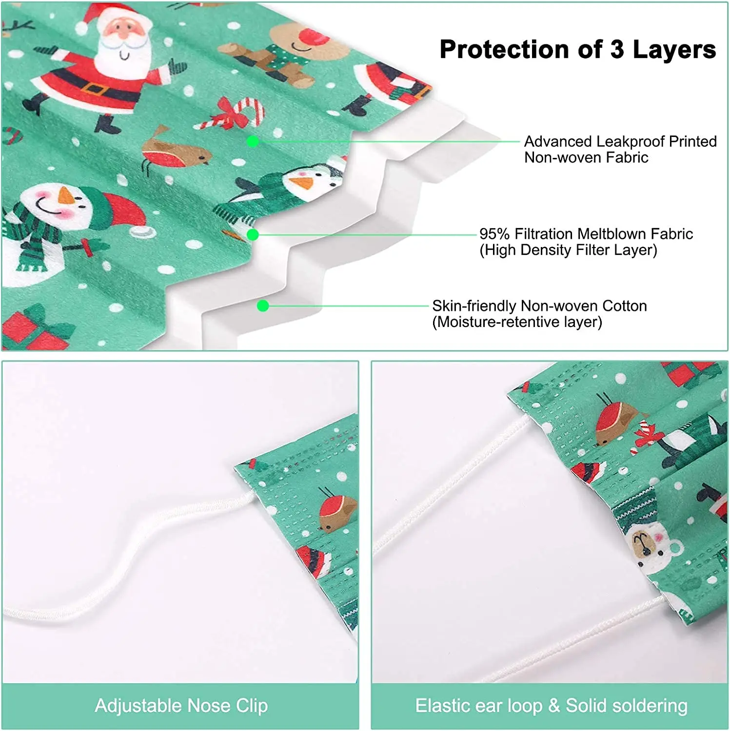 Merry christmas face mask for party masquerade with 3ply disposable surgical dental masks custom for adult and kid facemask