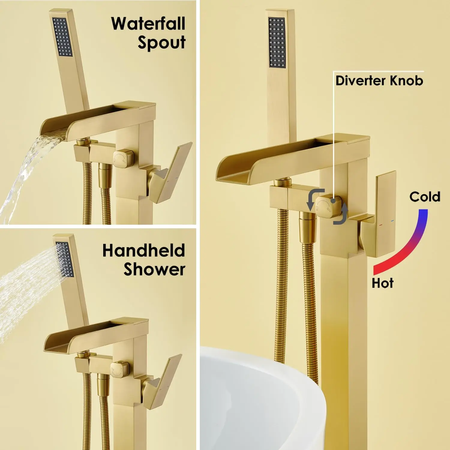EOURU High Quality Brass body and 304 Stainless steel freestanding faucet Bathroom Shower Bathtub Mixer faucet