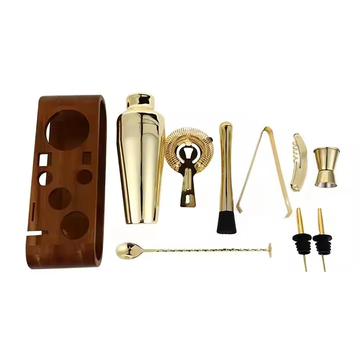 9-piece Set Gold Stainless Steel Bartending Tools Bar Boston Shaker Cocktail Kit with Wooden Holder Rack for Home & Bar