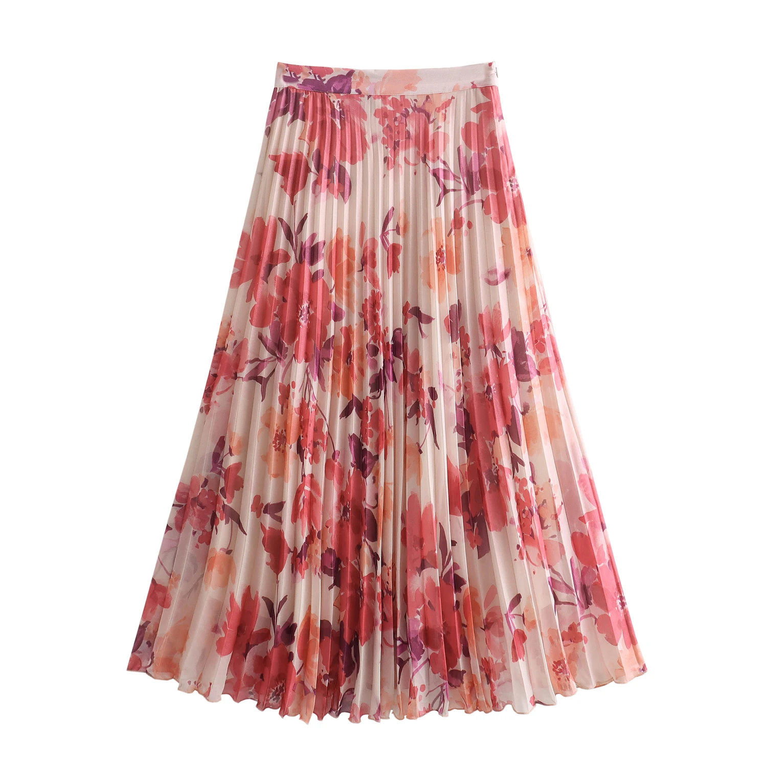 Floral print pink color zipper fly pleated casual fashion long skirt for women