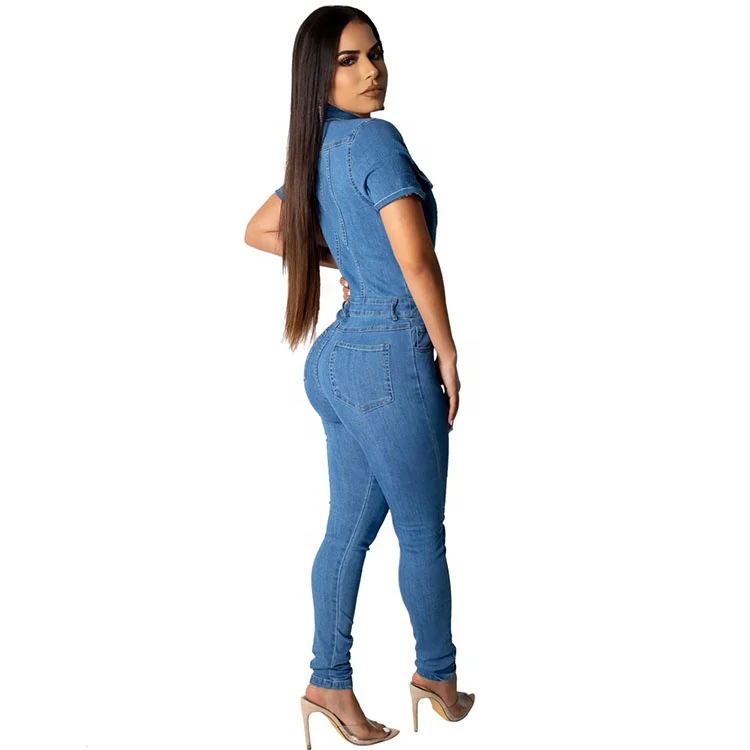 D2323 Amazon Product High Quality Popular Summer Casual Solid Color Short Sleeve Long Jeans Buttons Women Denim Jumpsuit