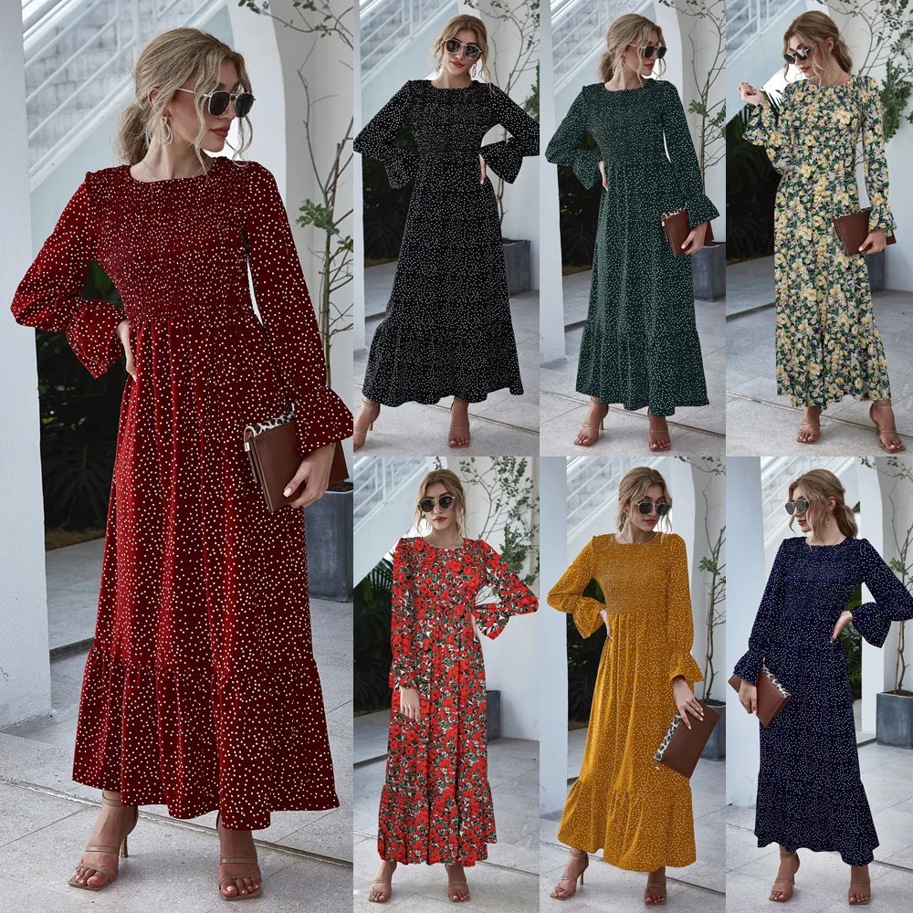 latest floral printed full sleeves maxi women dresses ladies muslin long dresses OC352