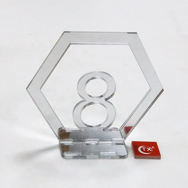 TX Silver Mirror Table Numbers Hexagon Shape  with Holder Base for Wedding, Party, Events Or Catering Reception and Decoration