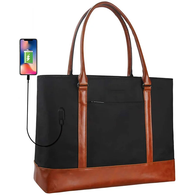 Water Resistant Polyester Durable 1680D 15.6' Anti-theft Travel Working USB Business Side Tote Laptop Bag For Women Ladies