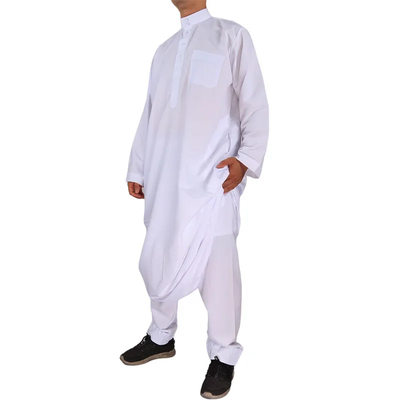 Factory Wholesale Plan White Muslim Ramadan Wearing Thobe 2pcs With Pant 54-62 Size