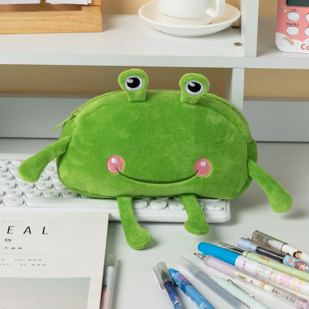 Factory Direct Custom green Frog Plush cosmetic bag large-capacity embroidery  Stationery Pen Bag travel cosmetic storage bag