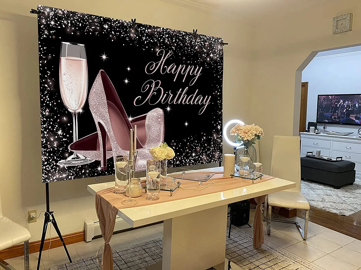Rose Gold Glitter Happy Birthday Backdrop High Heels Champagne Glass Photography Background for Adult Women Birthday Party