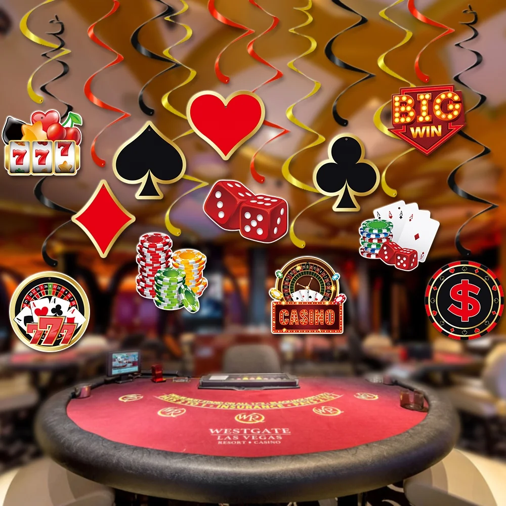 12pcs Casino Party Decor Hanging Swirls Poker Party Supplies Ceiling Hanging Swirls Poker Games Night Birthday Party Decorations
