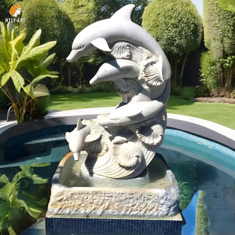 Hot Sale Custom Design White Marble Carving Dolphin Statues Sculpture  for Swimming Pool