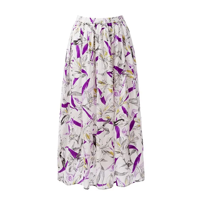 Summer Vacation Lily Pattern Trending Women Cotton Woven Drawstring Floral Printing A-line Midi Skirt Ladies