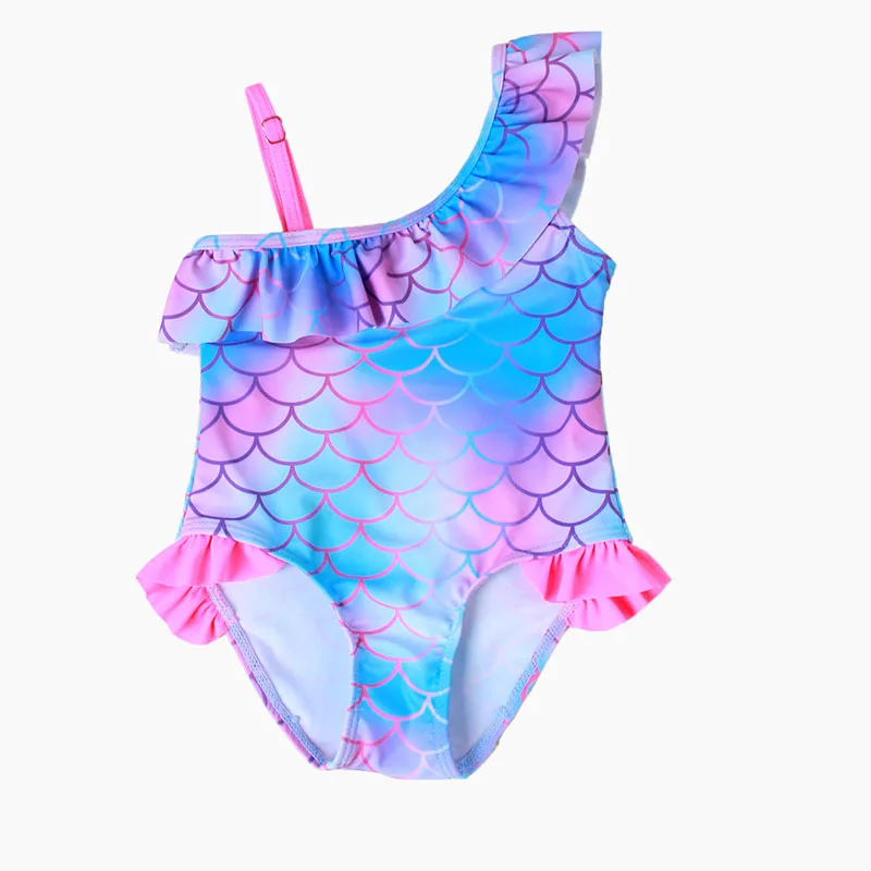 Baby Girls Swimwear Cute Cartoon Mermaid Tie Dye Ruffled One Shoulder One Piece Swimsuit Burkini Muslim Swimsuits For 0-3Y Kids
