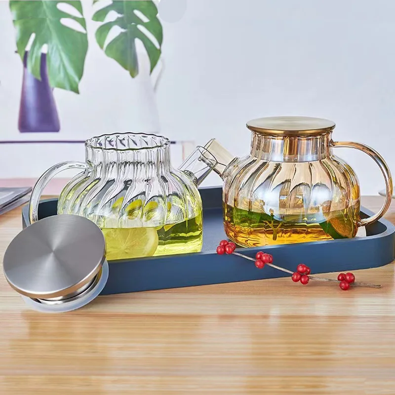 Stovetop Safe Heatproof Glass Teapot Water Pitcher with Stainless Lid and Filter Spout Halloween Pumpkin Striped Glass Juice pot