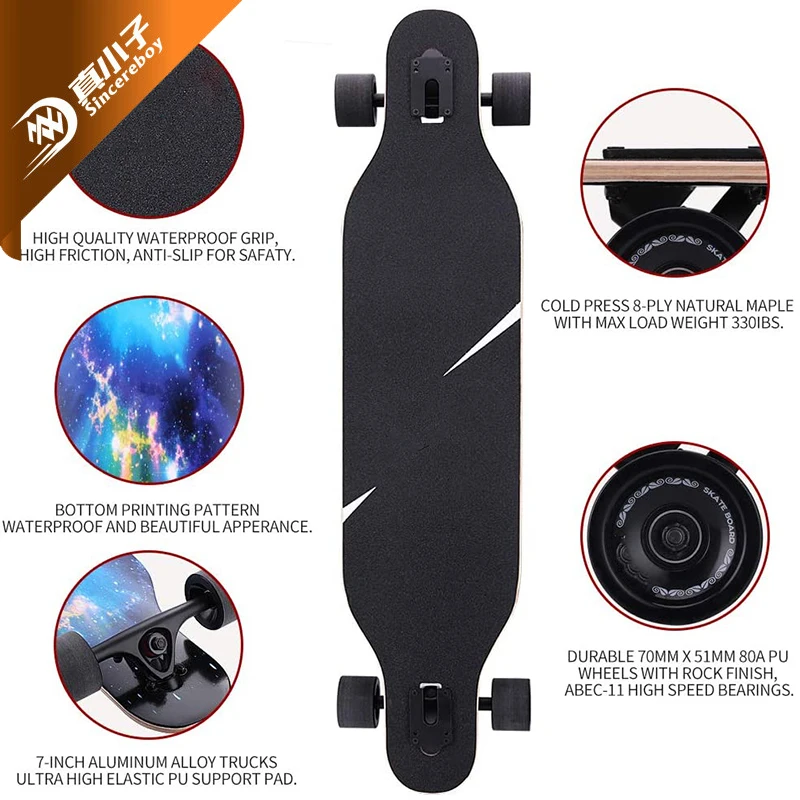41 inch Customized Maple with Abec-9 bearing Wheels Skateboard Longboard for Teenagers OEM long skateboard