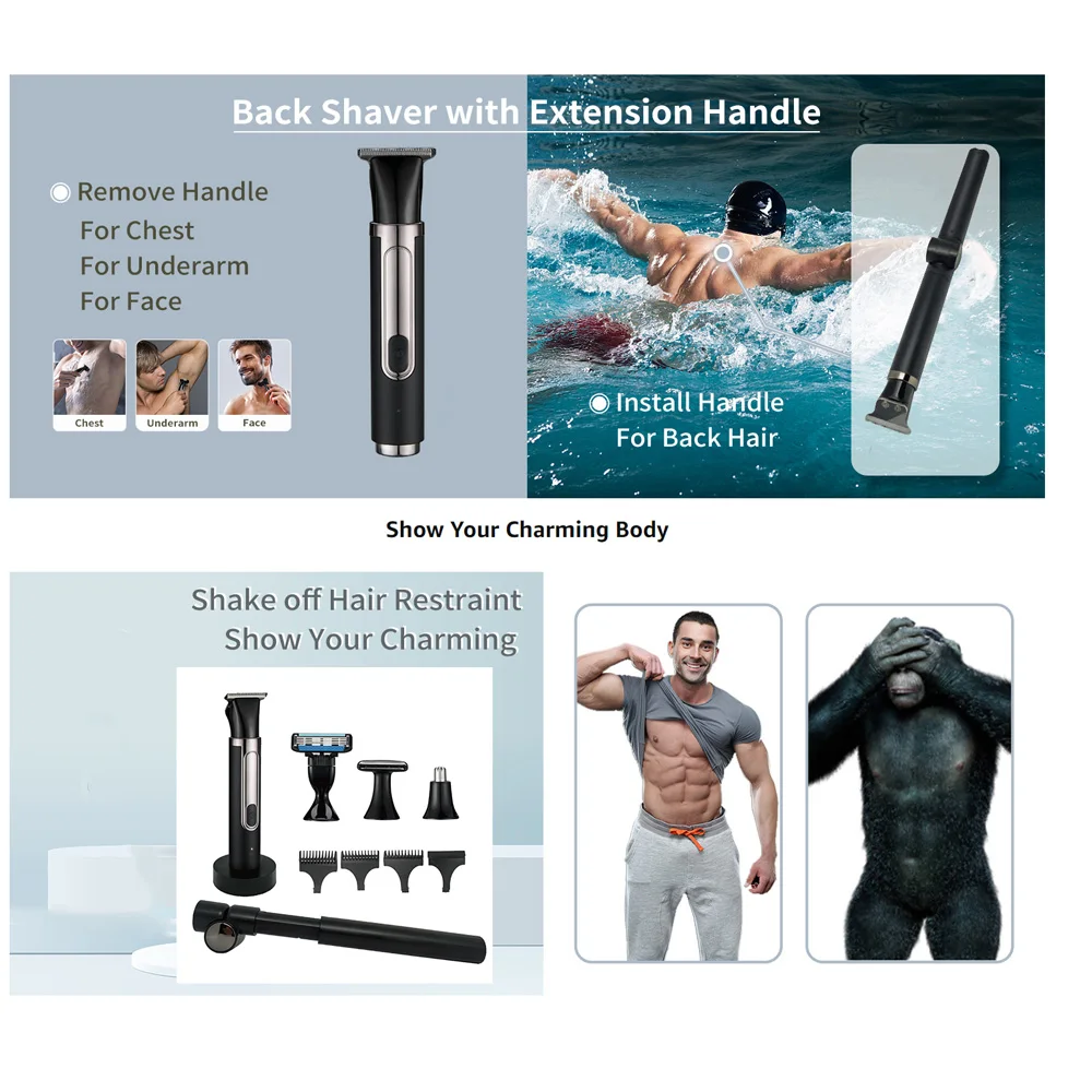 Long Foldable Flexible Man Groomer Rechargeable Body Electric Detachable Handle Back Shaver for Men