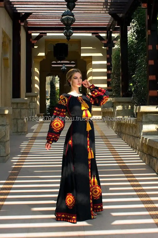 Forest Song Black Ukrainian Embroidered Bohemian Style Folk Ethnic Women Dress With Ancient Geometric Ornament Abaya Kaftan Robe