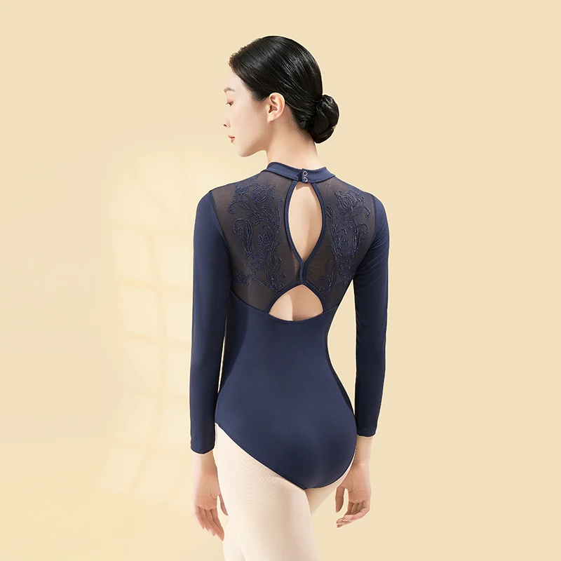 Women Long Sleeve Ballet Leotards Adult Standing Collar Embroidered Mesh Splice Gymnastics Leotard