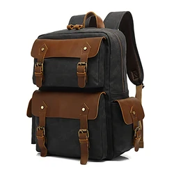 Large-Capacity Vintage Waterproof Genuine Leather Durable Fahion Rucksack Waxed Canvas Backpack for Men