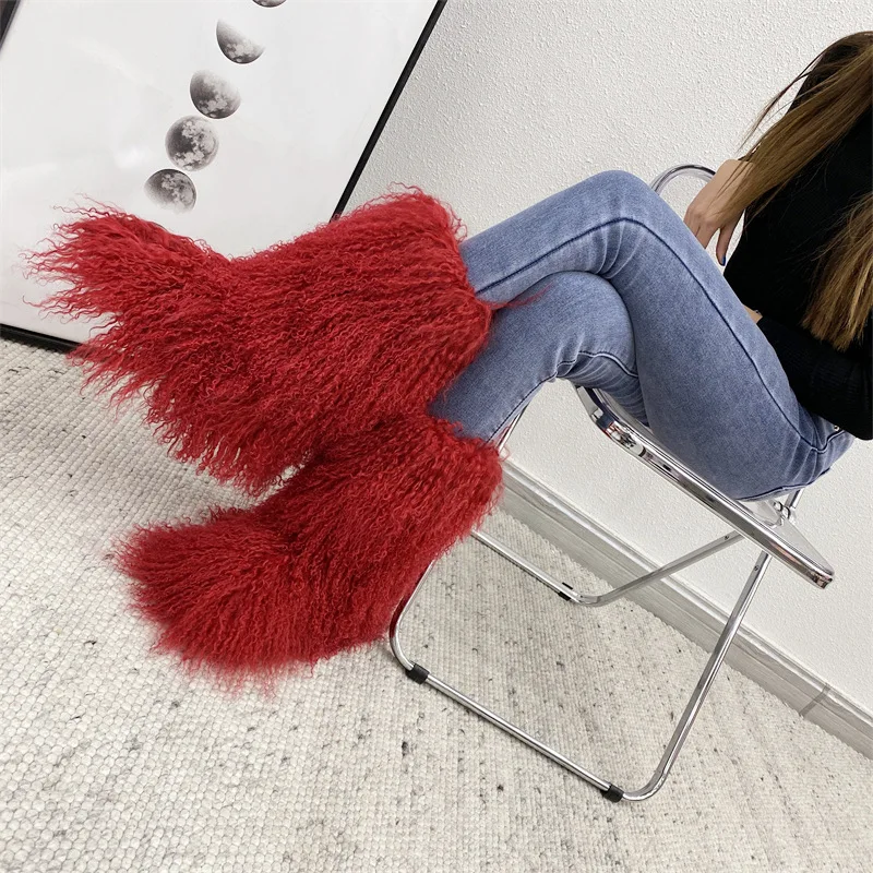 Luxury Fashion Winter Mongolian fur Shoes Woman men Home Ankle Snow Boots fluffy mongolian fur snow boots for women