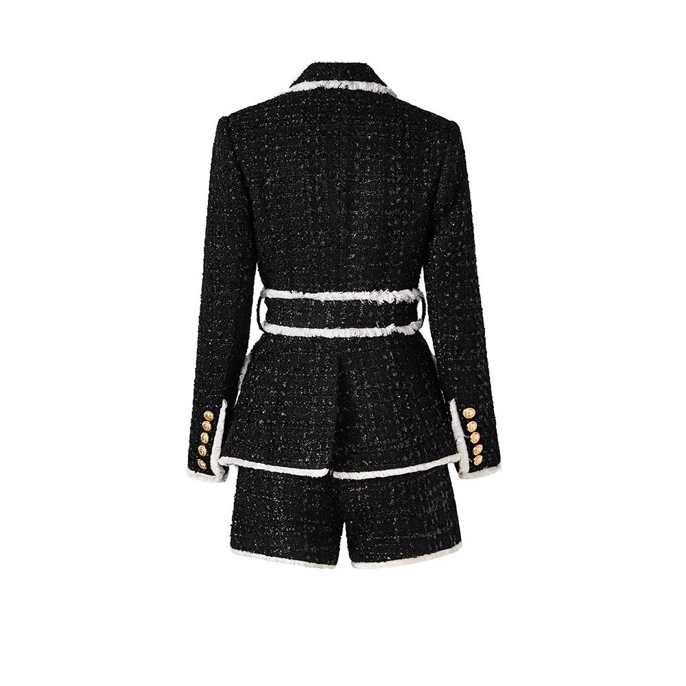 Vintage Elegant Style Two Piece Sets Ladies Office Quality Textured Women Double-breasted Blazers Shorts Colorblock Tweed Suits