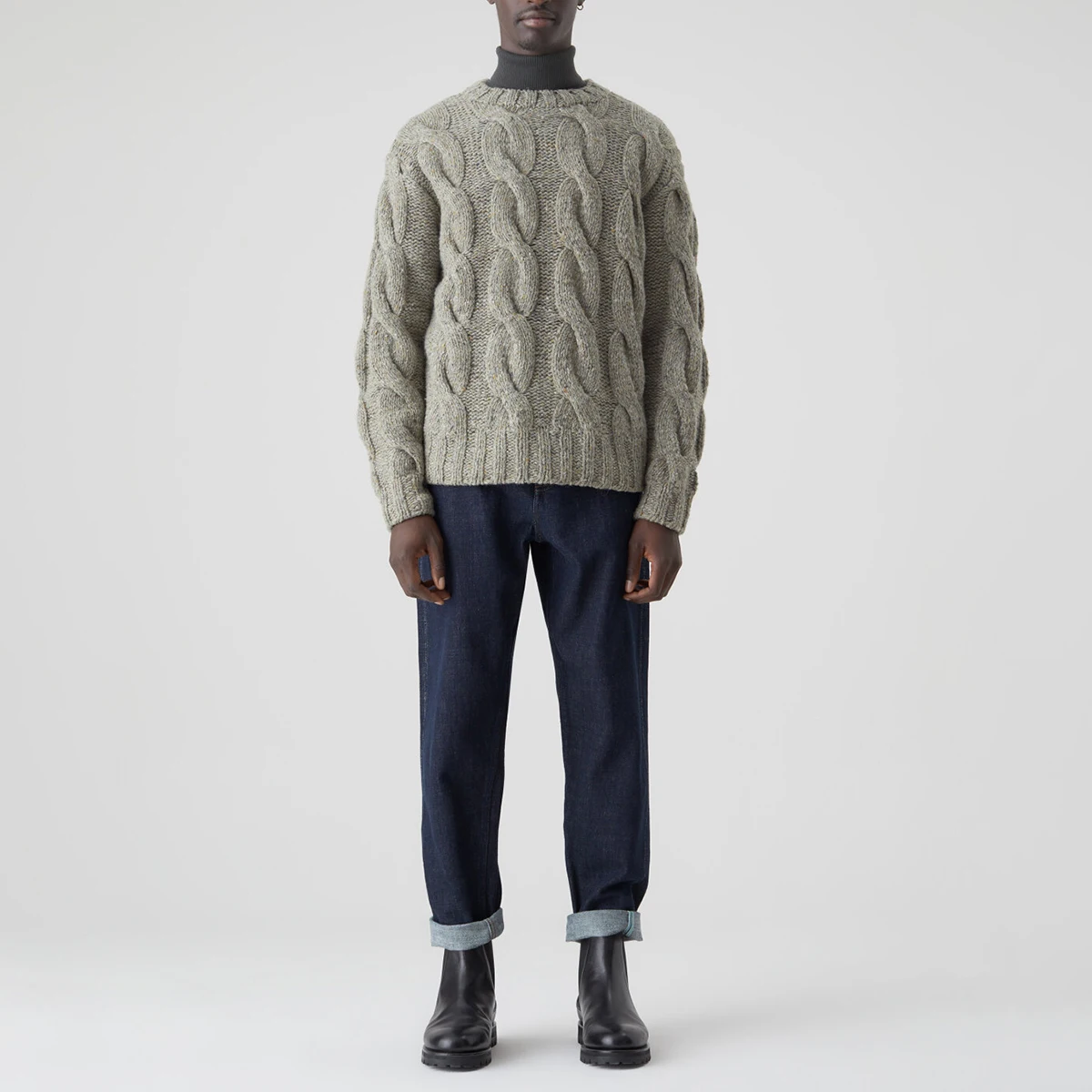 Winter Fall Knit Jumpers Pullover Knitwear Custom Men Crew Neck Oversized Vintage Cotton Heavyweight Thick Cable Knit Sweater