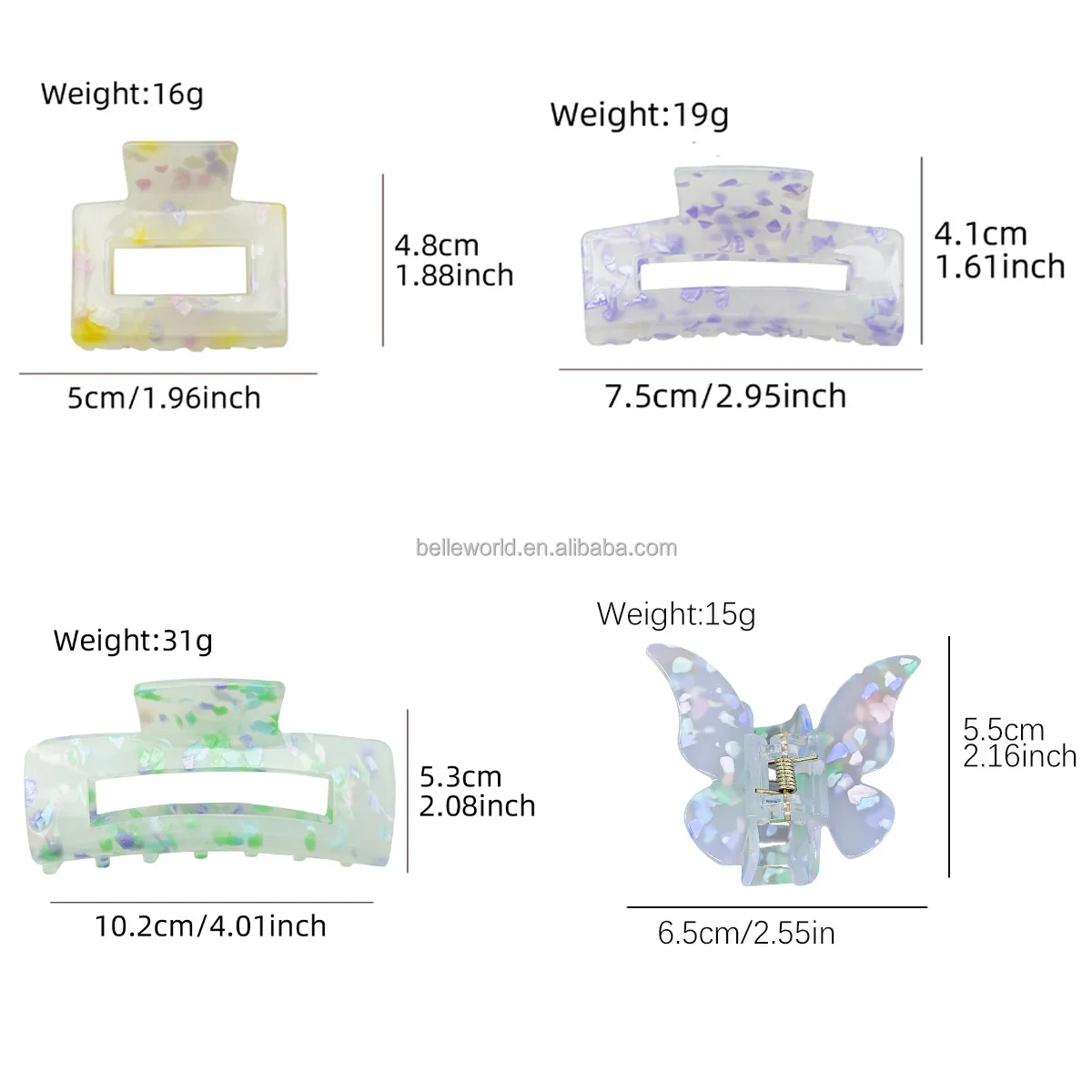 BELLEWORLD Hot selling beautiful butterfly square rectangle hair claws sakura acrylic hair claw clips for women girls
