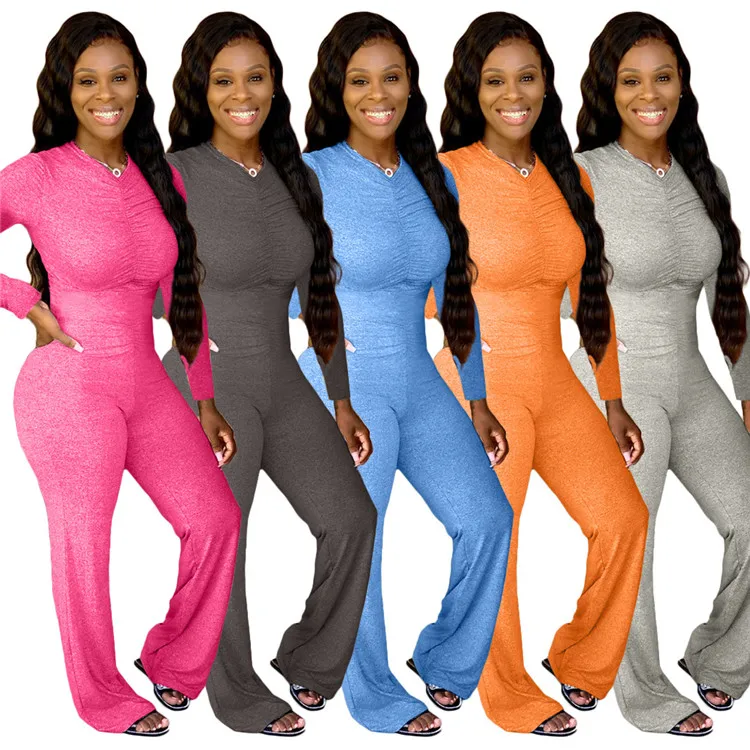 
2020 Autumn Women Onesie Yoga Pants Clothing V-neck Long Sleeve Bell Bottom Stretchy Flare Leg Pants Jumpsuit 