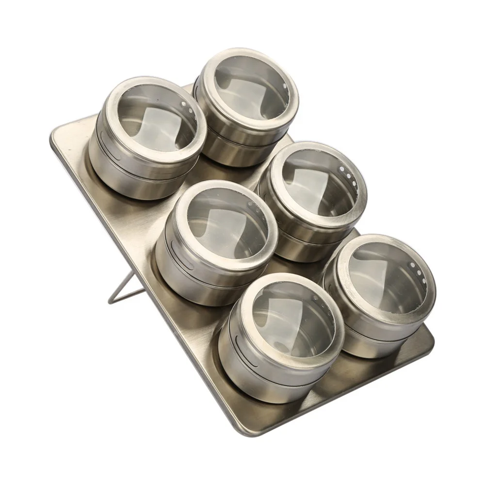 6pcs/set Magnetic Spice Jars With Wall Mounted Seasoning Box Magnetic Dustproof Visible Stainless Steel Spice Organizer Rack