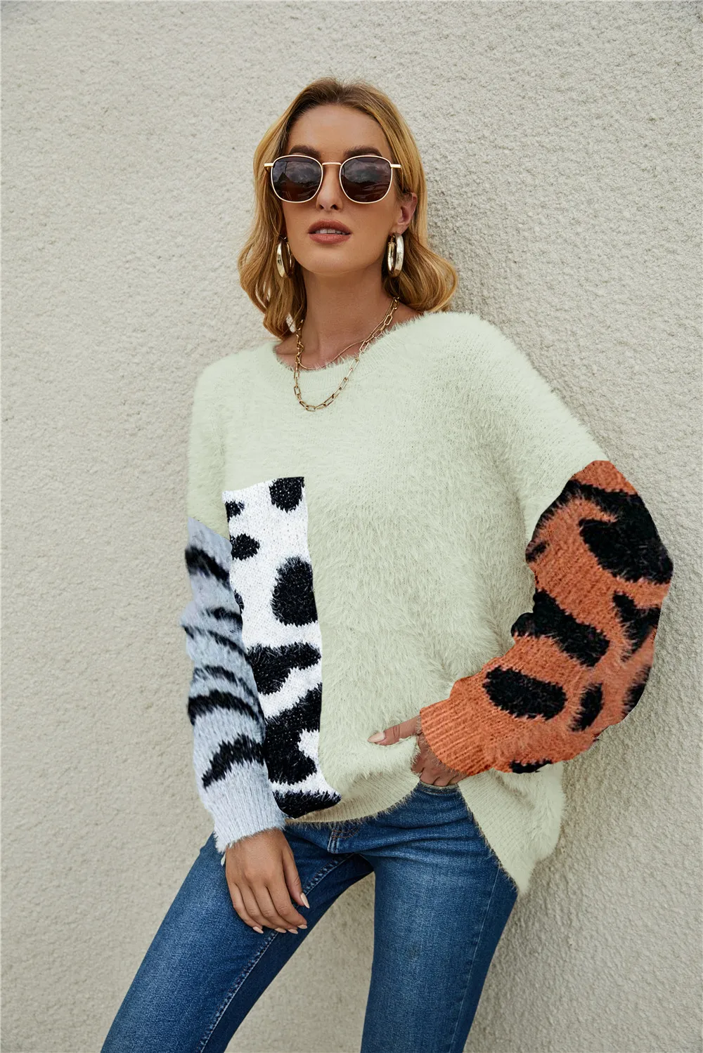 Winter Women Leopard Zebra Patchwork Soft Knitted Pullover Sweater
