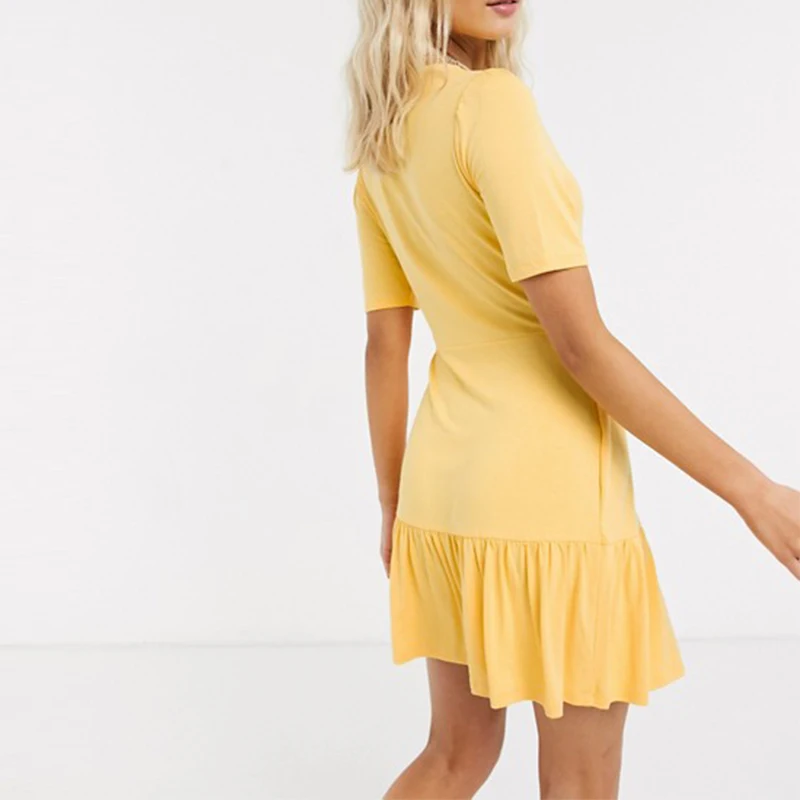 
2020 newest ladies clothing casual yellow color v-neck dress 
