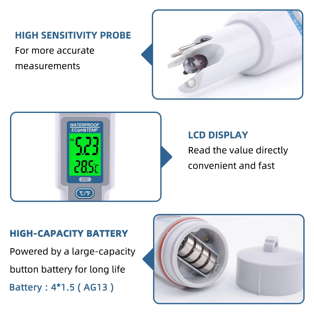 
Professional 3 in 1 Multi-parameter PH Monitor Water Quality Tester Pen Type pH EC TEMP Acidometer Drink Water Quality Analyser 