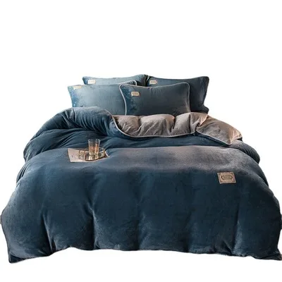 Four-piece set of warm milk velvet for autumn and winter Thick double-sided solid color quilt cover for one-piece bed coral velv