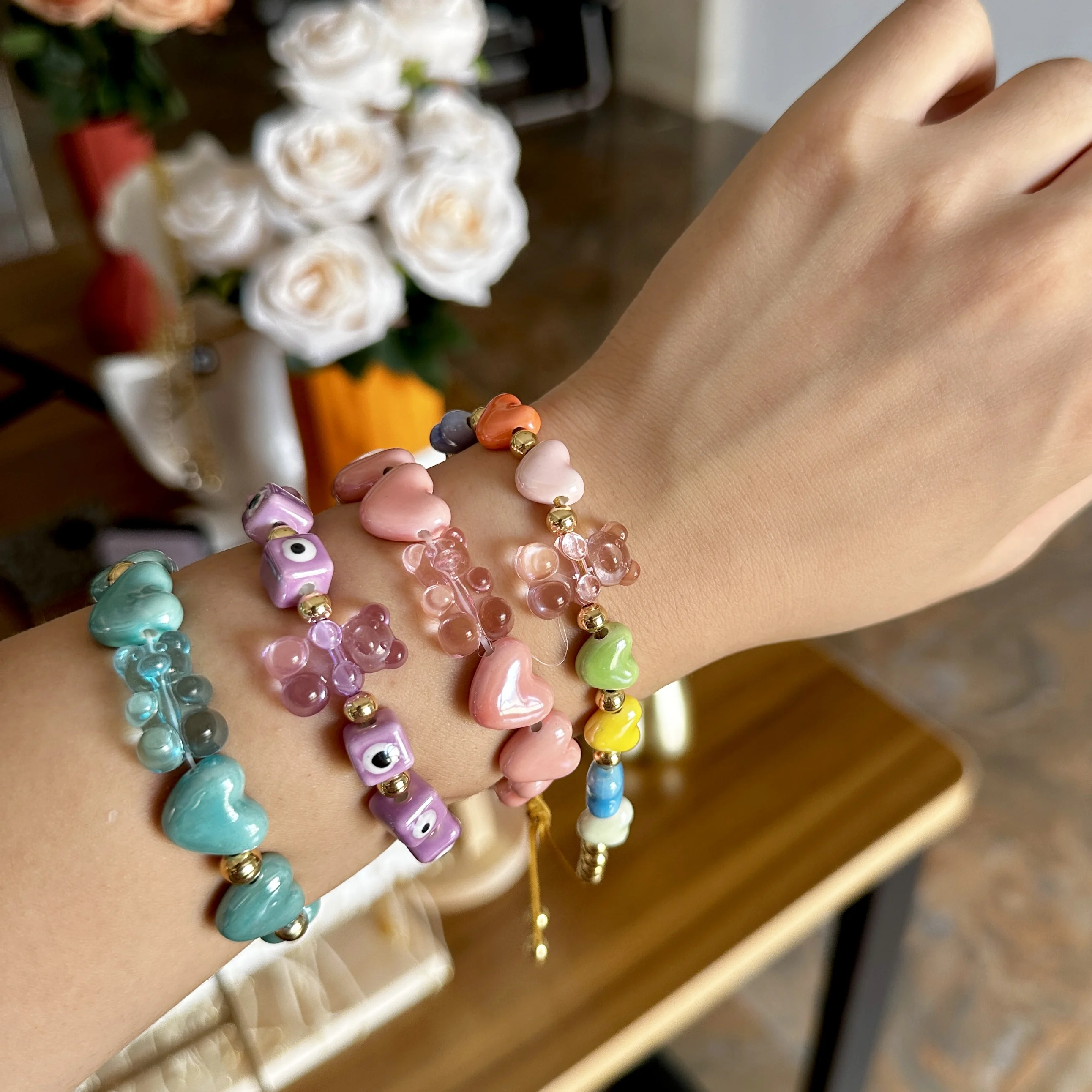 Amazon hot sale colorful nature stone evil eyes and heart charm bracelet with 18k gold copper bead dobamine style bracelet girl