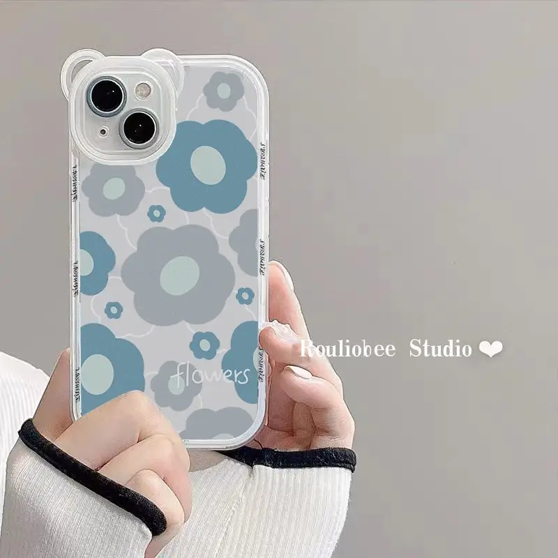 Blue Flower Bear lens Bracelet  Tpu Phone Case for iPhone 14 13  Anti-drop Phone Case For 12 13Pro