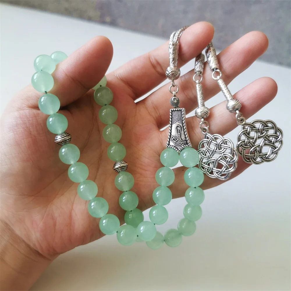 Stone Tasbih silver tassel green jade prayer beads 33 66 99beads muslim Rosary 8mm 10mm round tasbeeh misbaha subha