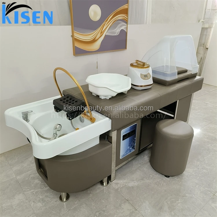 Kisen Hot Sale Salon Furniture SPA Head Water Therapy Fumigated For Massage Table Beauty Bed Shampoo Bed with Basin