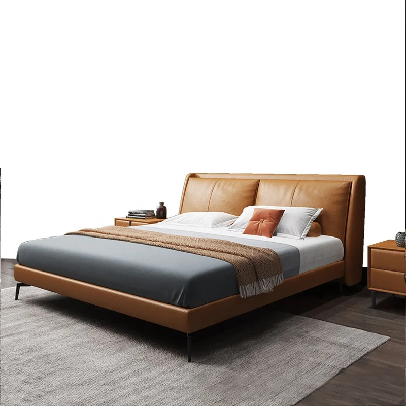 Современная роскошная кожаная двуспальная кровать в итальянском стиле мебель для спальни из массива дерева двуспальная кровать