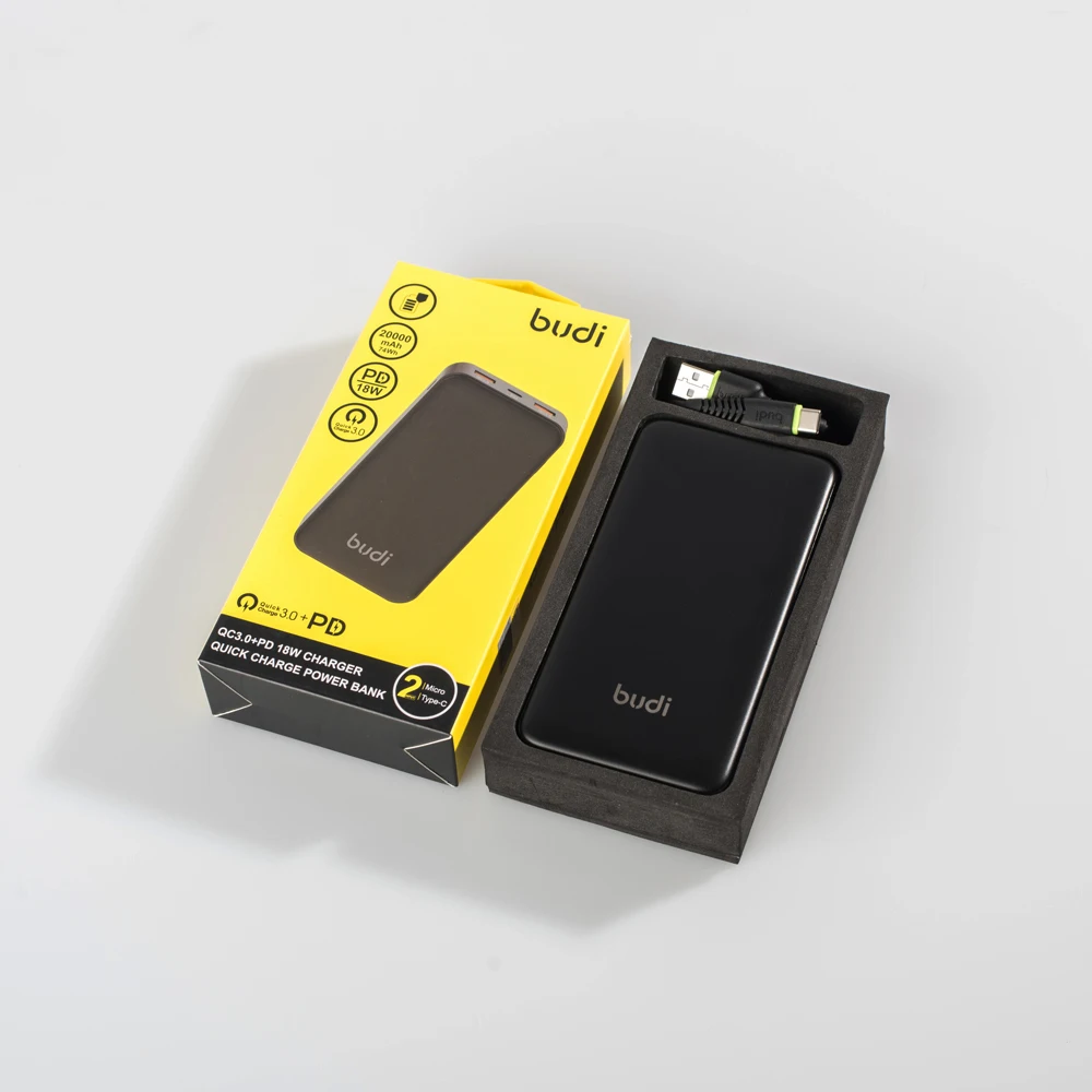 
budi/OEM High Capacity 20000mAh Quick Charging Power Bank Portable Battery Bank 20,000 mah with Three Outputs Power Bank 