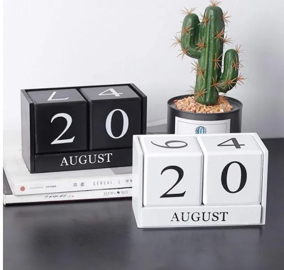 Vintage Wooden Calendar Blocks Desktop Perpetual Calendar for Month Date Display Home Office Decoration